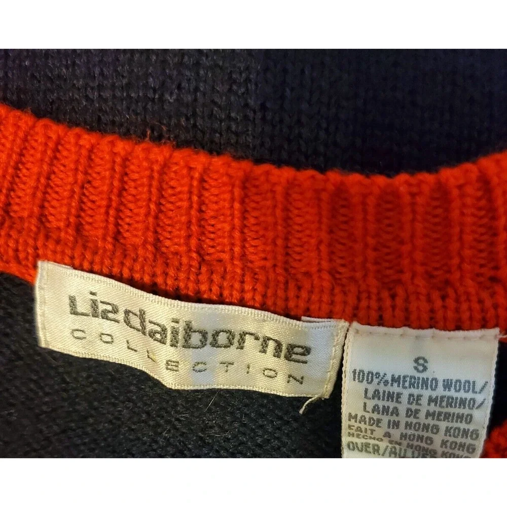 Vintage Liz Claiborne Collection Blue Color Block Merino Wool Cardigan Sweater S